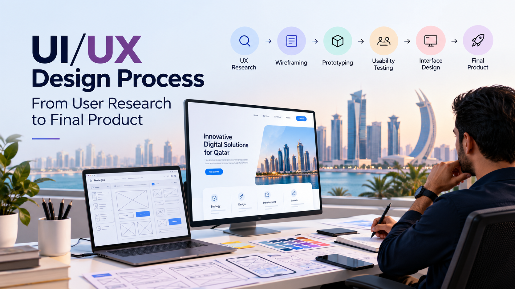 UX research, wireframing, prototyping, usability testing, interface design