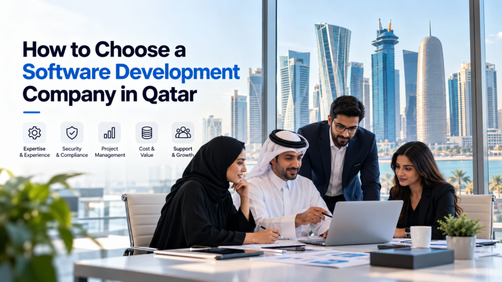 Business team evaluating software development solutions in Qatar