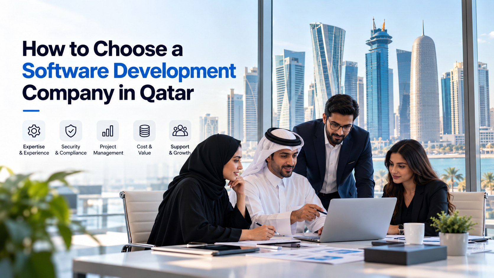 Business team evaluating software development solutions in Qatar