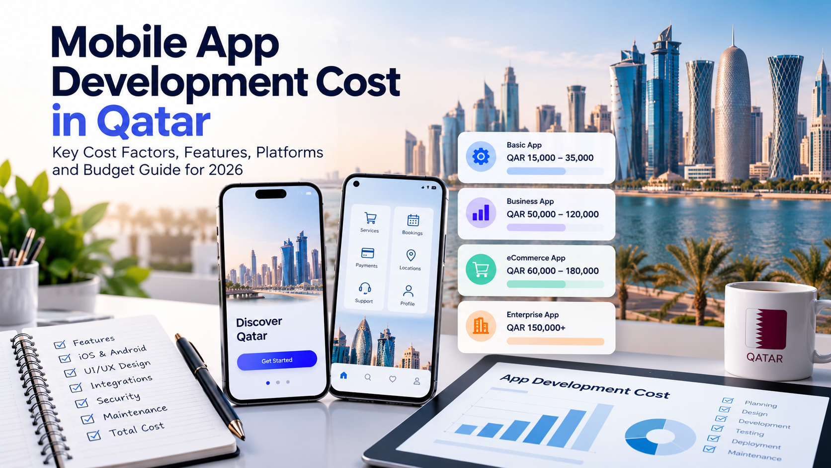 app development pricing, iOS and Android development, app features, mobile app maintenance, cross-platform app development, Flutter app development, React Native, mobile app development company in Qatar