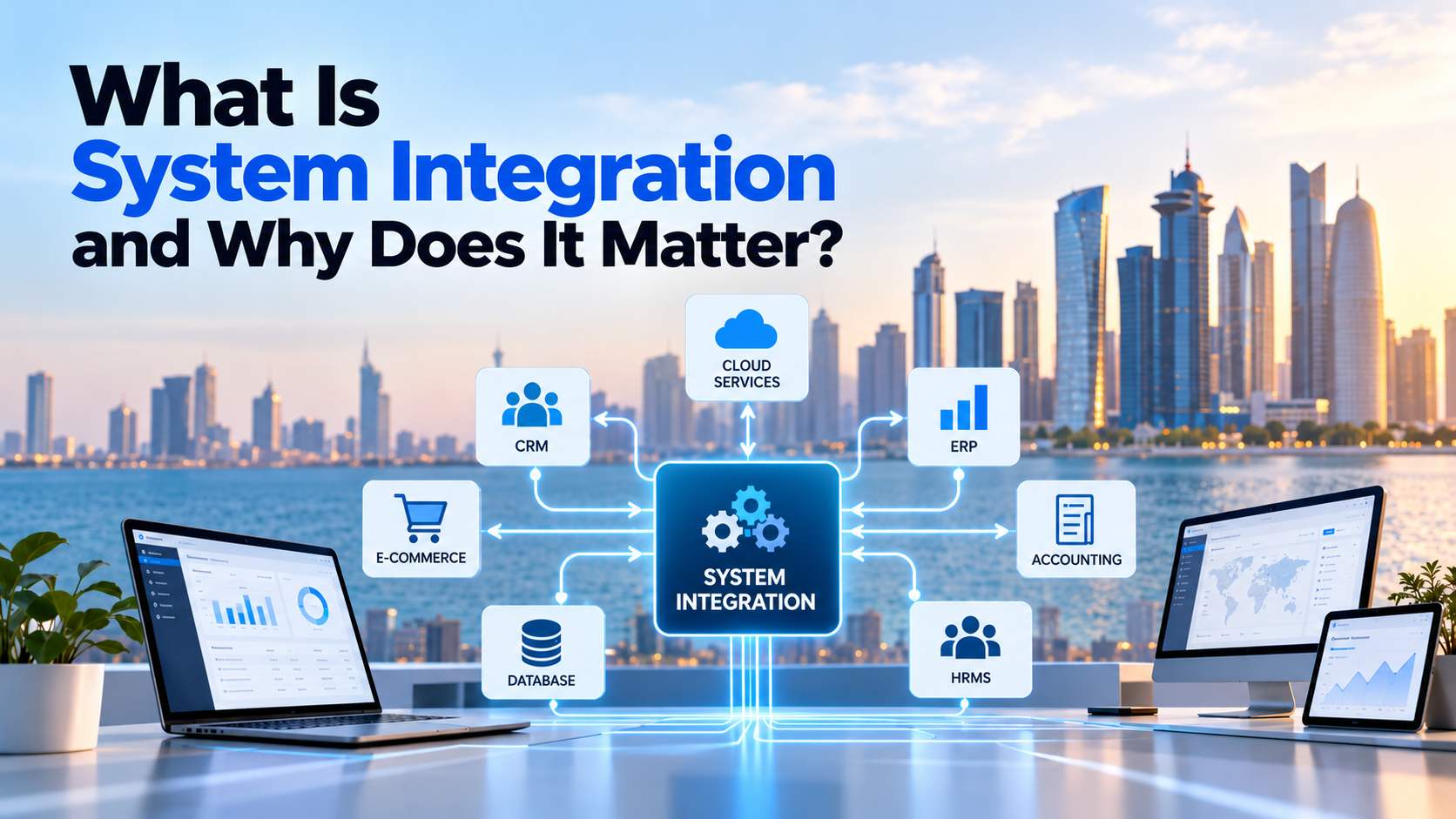 System integration connecting CRM, ERP, cloud services, accounting, and business applications